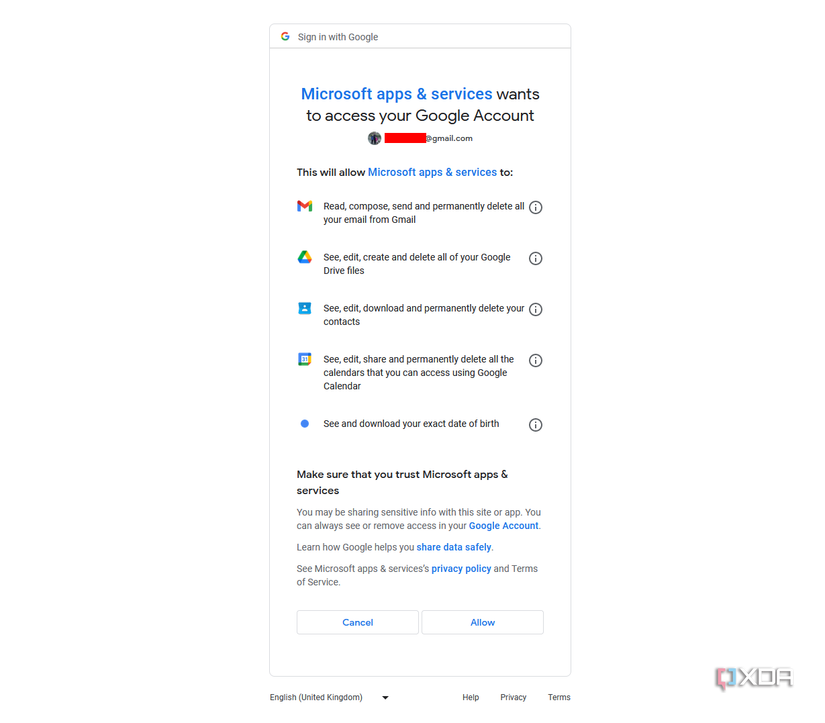 An example privacy warning from Google about Outlook account access.