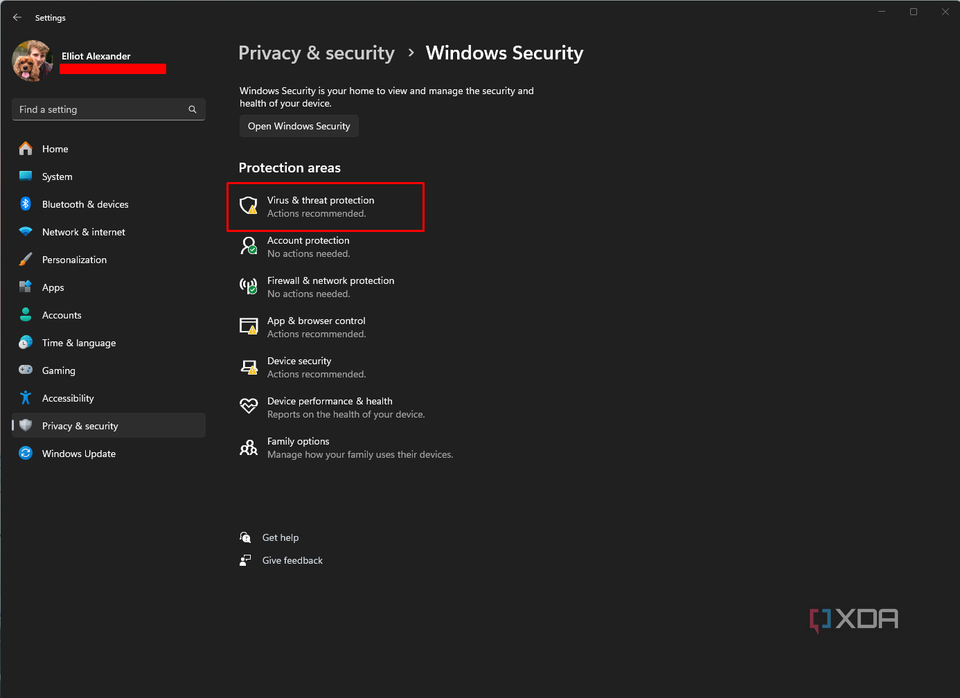 A screenshot showing where to find Virus and Threat protection in Windows Security.