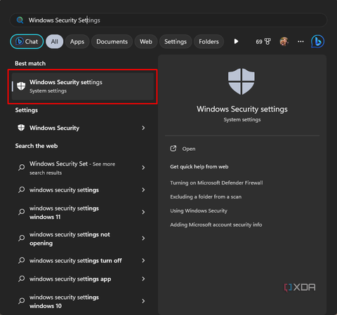 A screenshot showing where to find Windows Security Settings in the start menu.