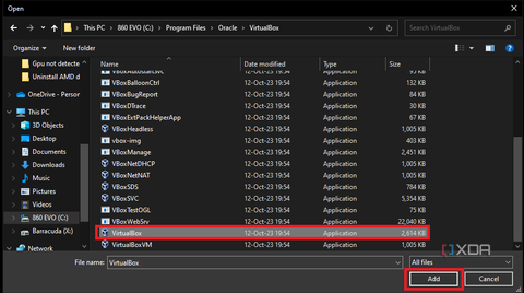 browsing through folders to find virtualbox exe file