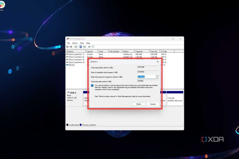 A screenshot showing the Shrink C drive option in Windows.