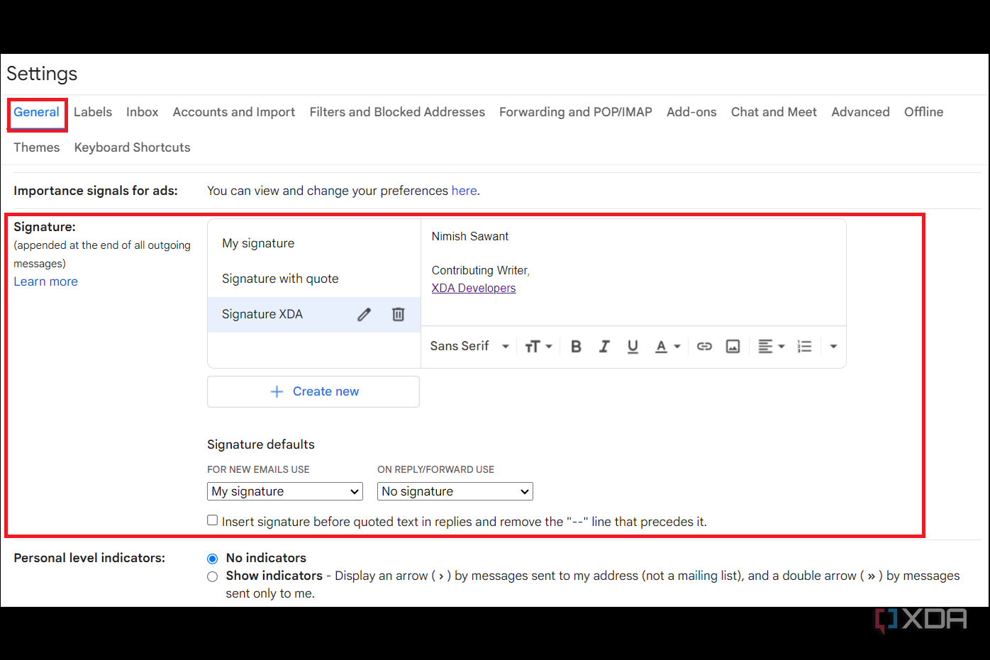 Signatures setting showing multiple signatures