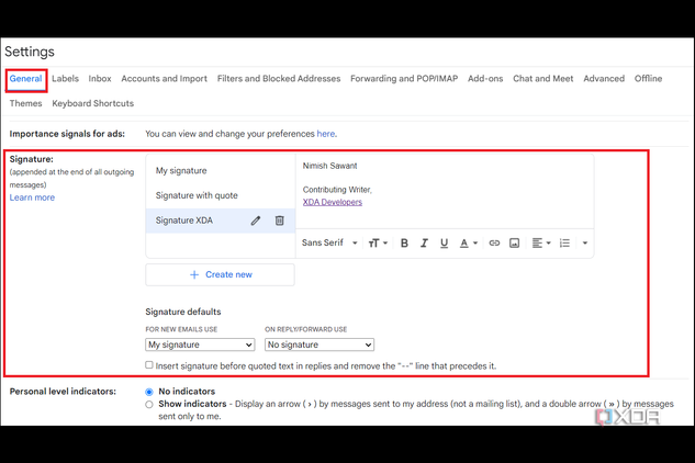 Signatures setting showing multiple signatures