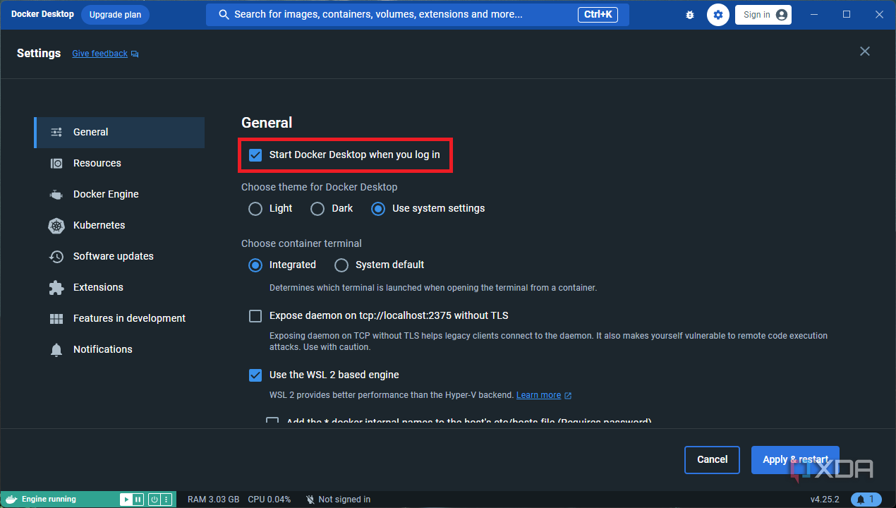Start Docker Desktop when you log in