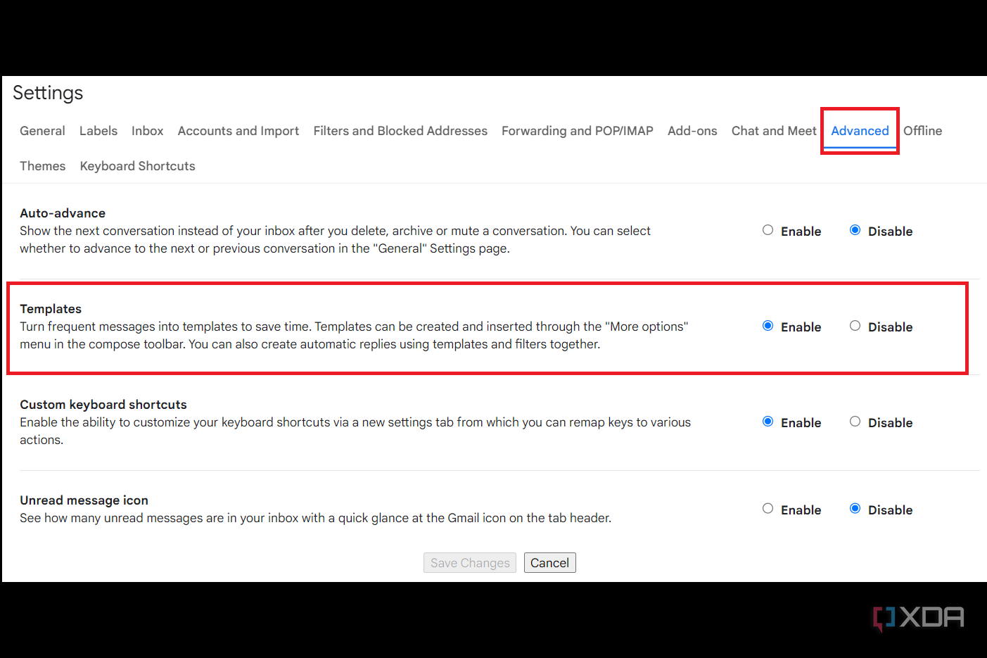 Template setting enabled in Gmail