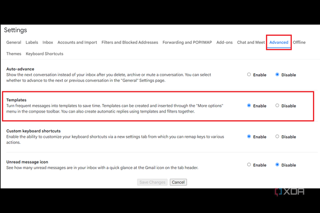 Template setting enabled in Gmail