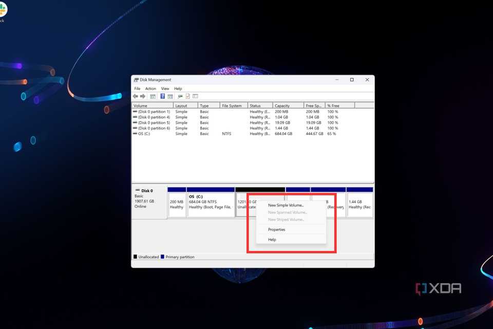 A screenshot showing the option to create new volume in Disk Management tool.