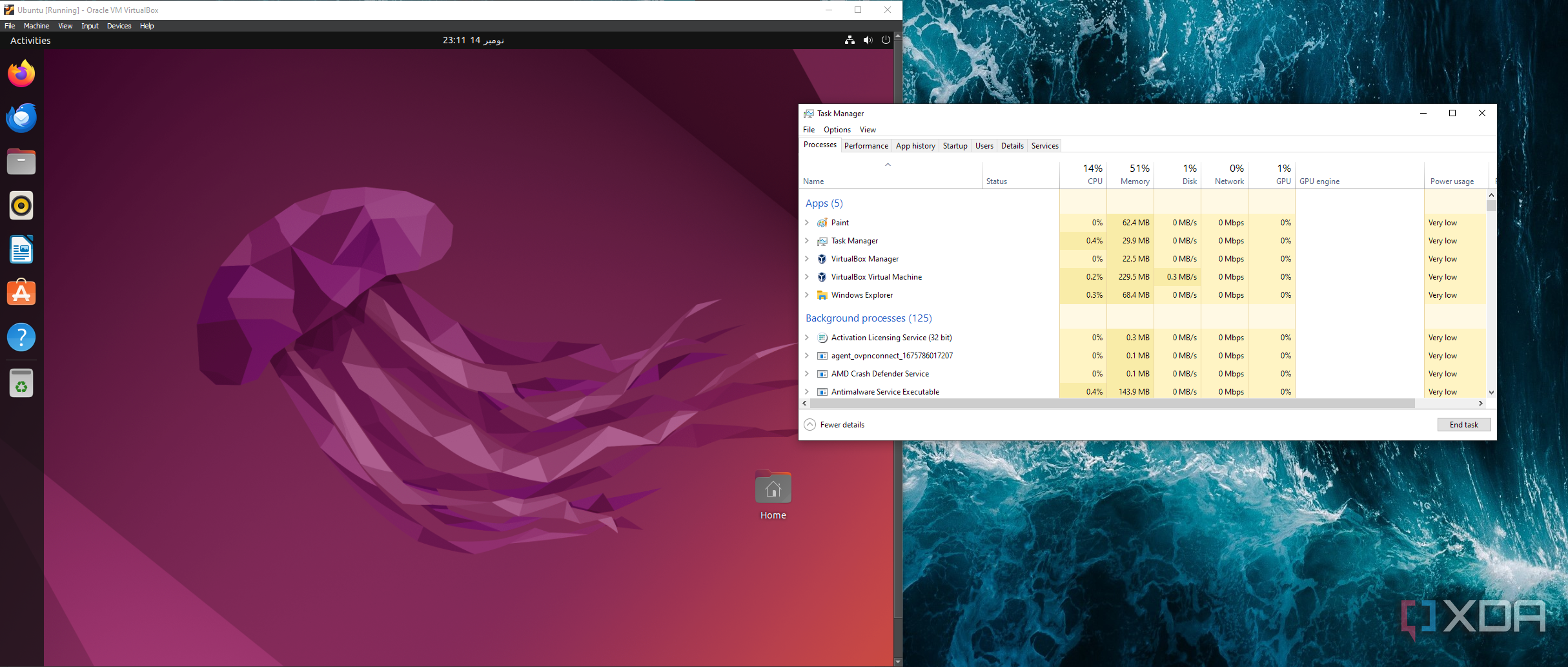 ubuntu opened in virtualbox with task manager on the right