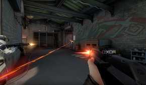 A screenshot of Valorant gameplay, showing three characters shooting at each other