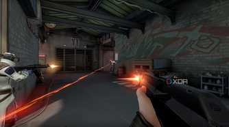 A screenshot of Valorant gameplay, showing three characters shooting at each other