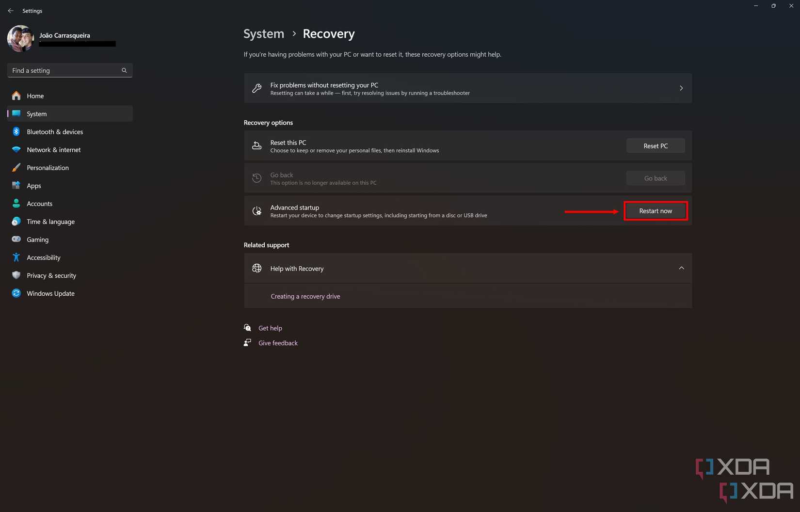 Screenshot of Windows 11 recovery settings with the restart now button highlighted