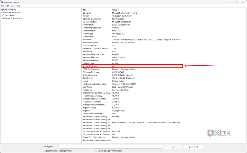Screenshot of System Information in Windows 11 showing that Secure Boot is enabled