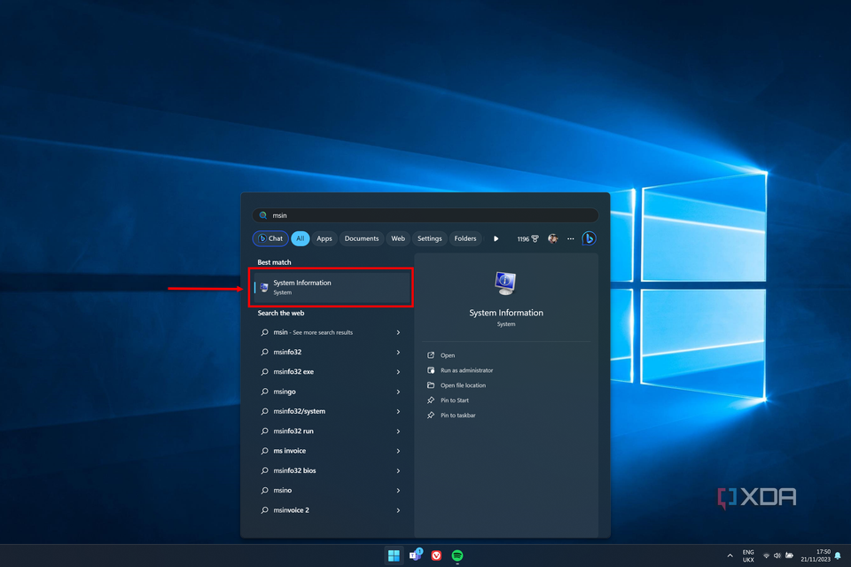 Screenshot of Windows search showing System information as the top result