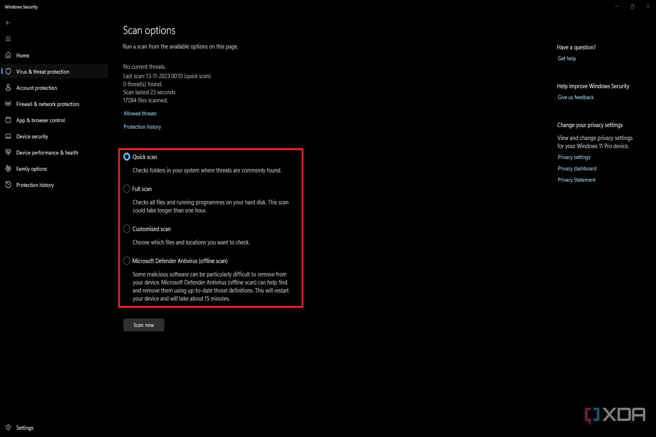 The image displays Windows Security scan options with Full scan, Customized scan, and Microsoft Defender Antivirus offline scan available in addition to the selected Quick scan.