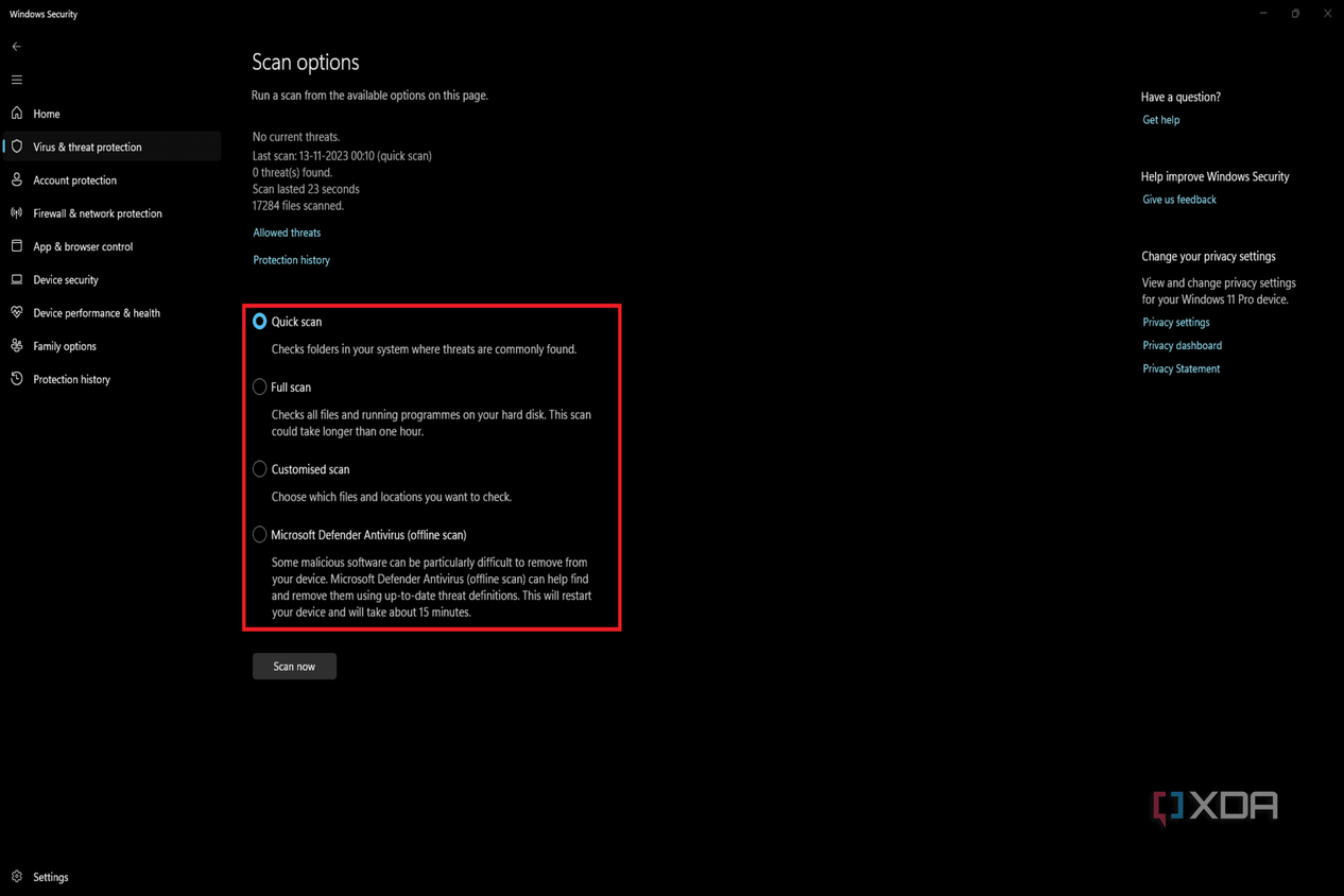 The image displays Windows Security scan options with Full scan, Customized scan, and Microsoft Defender Antivirus offline scan available in addition to the selected Quick scan.