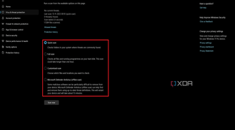 The image displays Windows Security scan options with Full scan, Customized scan, and Microsoft Defender Antivirus offline scan available in addition to the selected Quick scan.