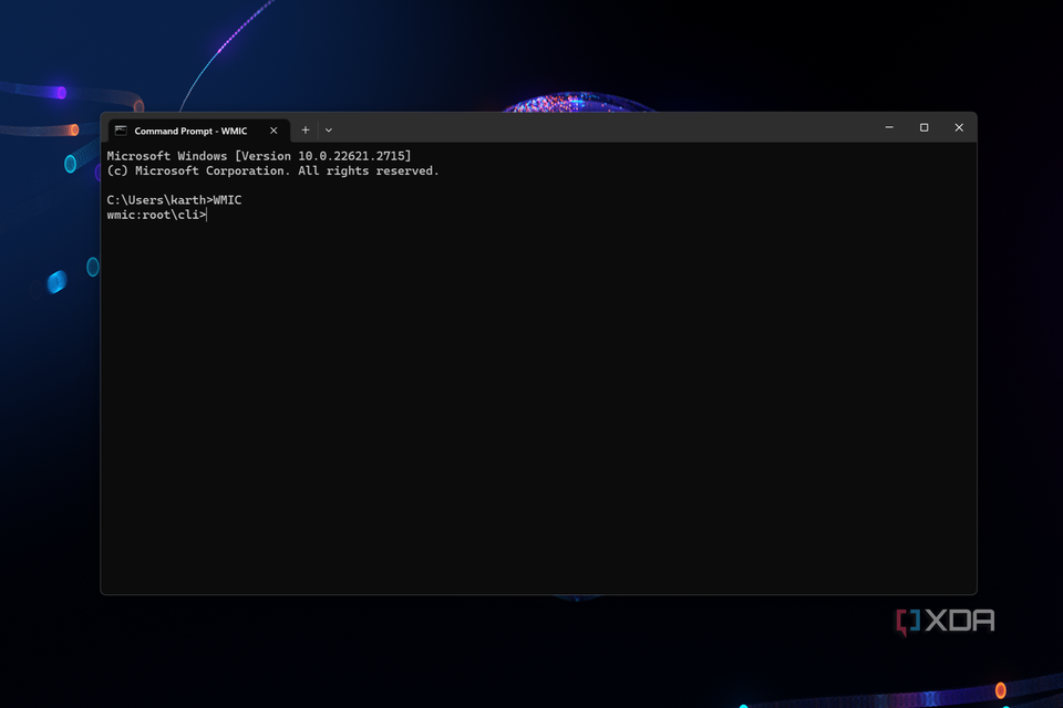 A screenshot showing the CMD terminal in Windows 11 with the wmic command.