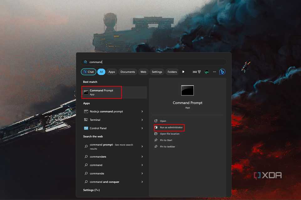 Windows 11 screenshot that shows a search for Command Prompt in Start Menu while highlighting the Run as administrator option.