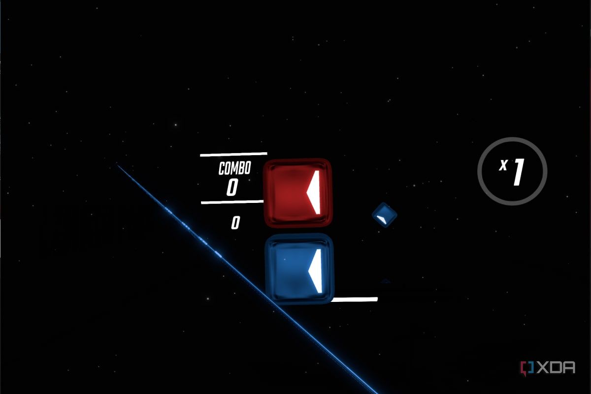 An in-game screenshot of Beat Saber running on the Meta Quest 2
