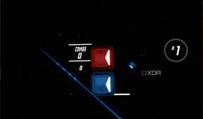 An in-game screenshot of Beat Saber running on the Meta Quest 2
