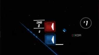 An in-game screenshot of Beat Saber running on the Meta Quest 2