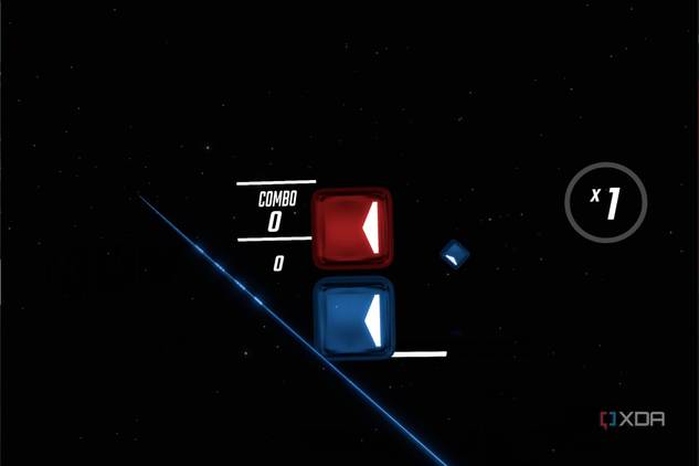 An in-game screenshot of Beat Saber running on the Meta Quest 2