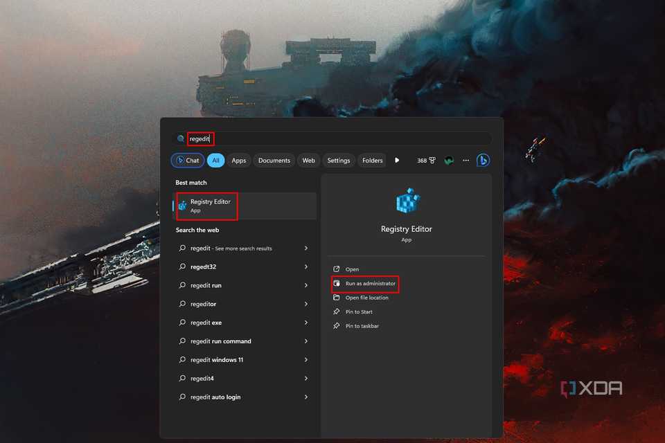 Windows 11 screenshot that shows a search for Regedit in the Start Menu while highlighting the Run as administrator option.