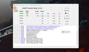 Windows 11 screenshot showing XAMPP running with the Apache server and MySQL started