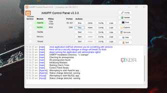 Windows 11 screenshot showing XAMPP running with the Apache server and MySQL started