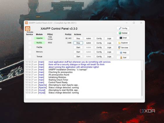 Windows 11 screenshot showing XAMPP running with the Apache server and MySQL started