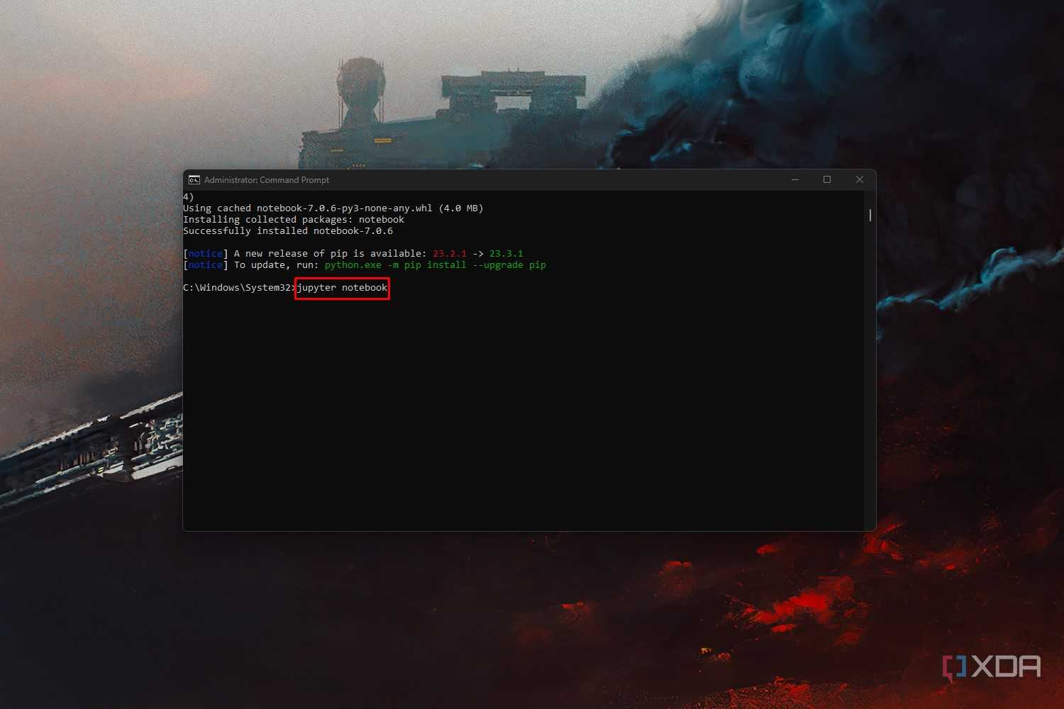 A Windows 11 screenshot that shows a command that launches Jupyter Notebook via the Command Prompt app.