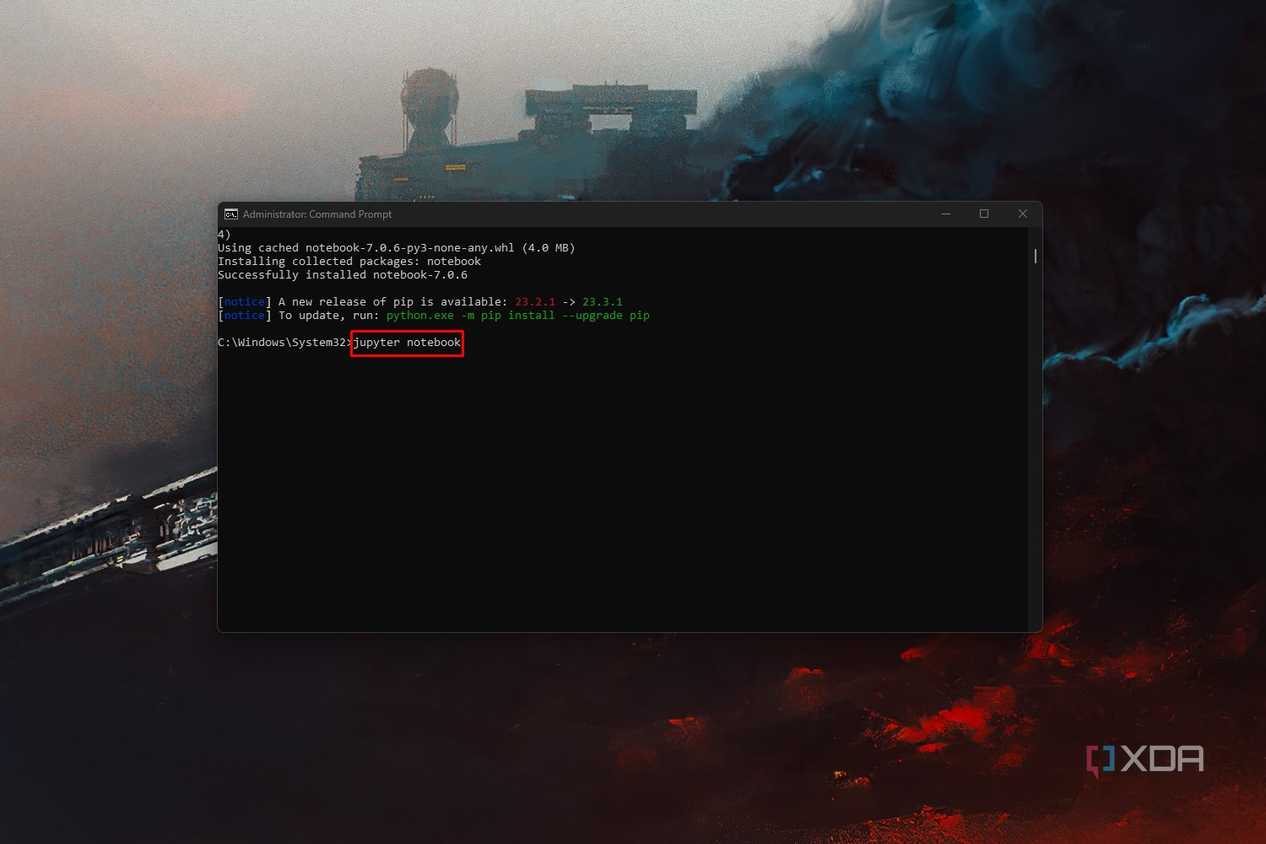 A Windows 11 screenshot that shows a command that launches Jupyter Notebook via the Command Prompt app.