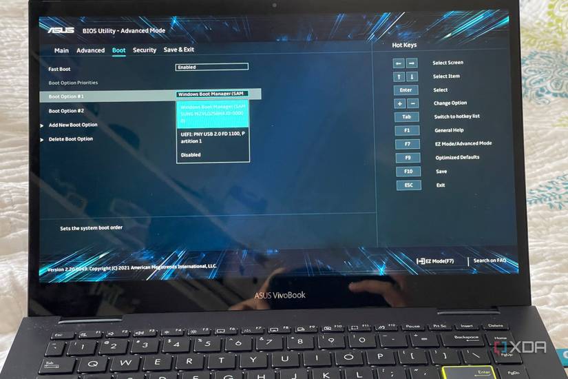A photo of changing the boot menu options on an Asus laptop showing where to change the boot order