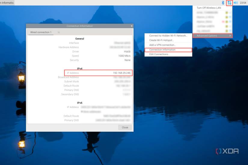 A screenshot of the Raspberry Pi OS highlighting the procedure to check the IP address of the SBC