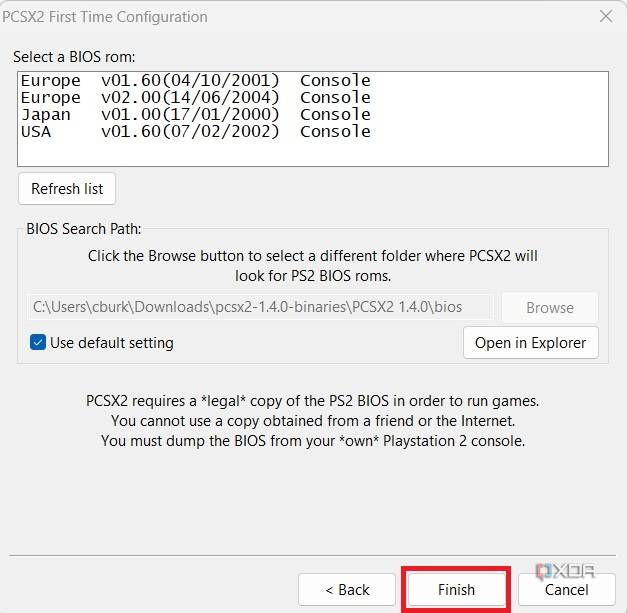 Selecting the finish button in PCSX2
