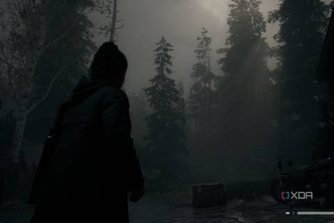 A screenshot showing a scene in Alan Wake 2 showing volumetric lighting and fog.