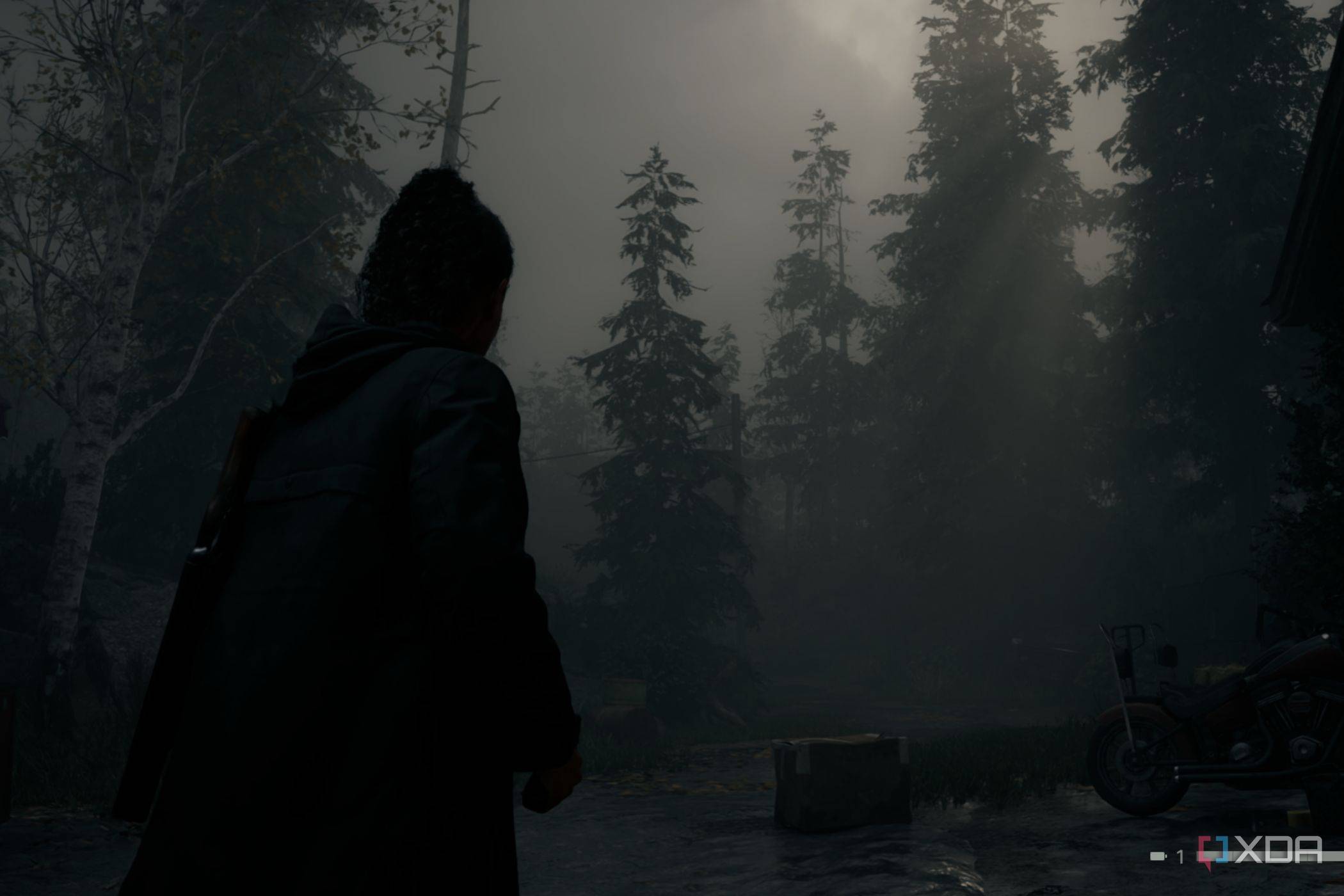 A screenshot showing a scene in Alan Wake 2 showing volumetric lighting and fog.