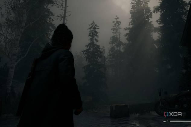 A screenshot showing a scene in Alan Wake 2 showing volumetric lighting and fog.