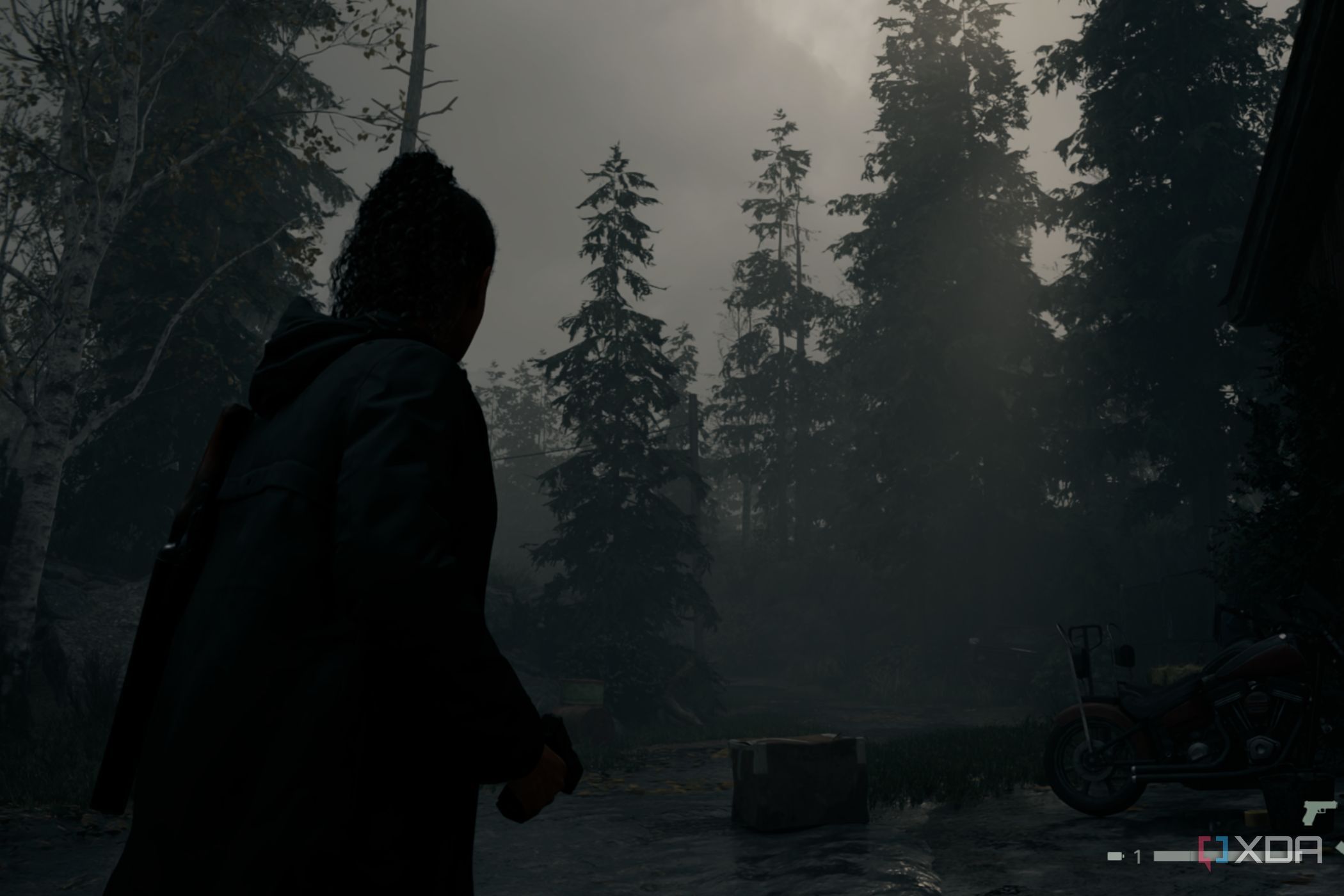 A screenshot from Alan Wake 2 showing a scene without volumetic fog and lighting.