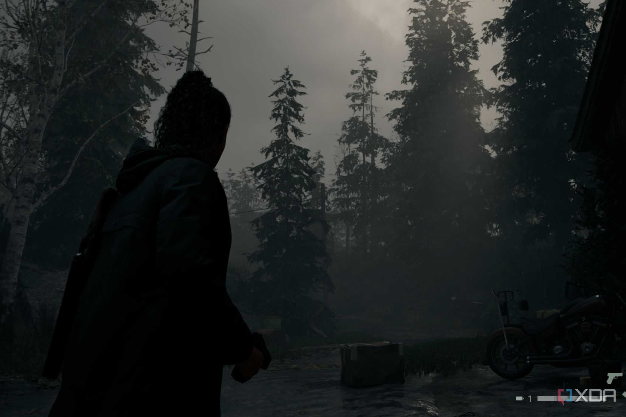 A screenshot from Alan Wake 2 showing a scene without volumetic fog and lighting.