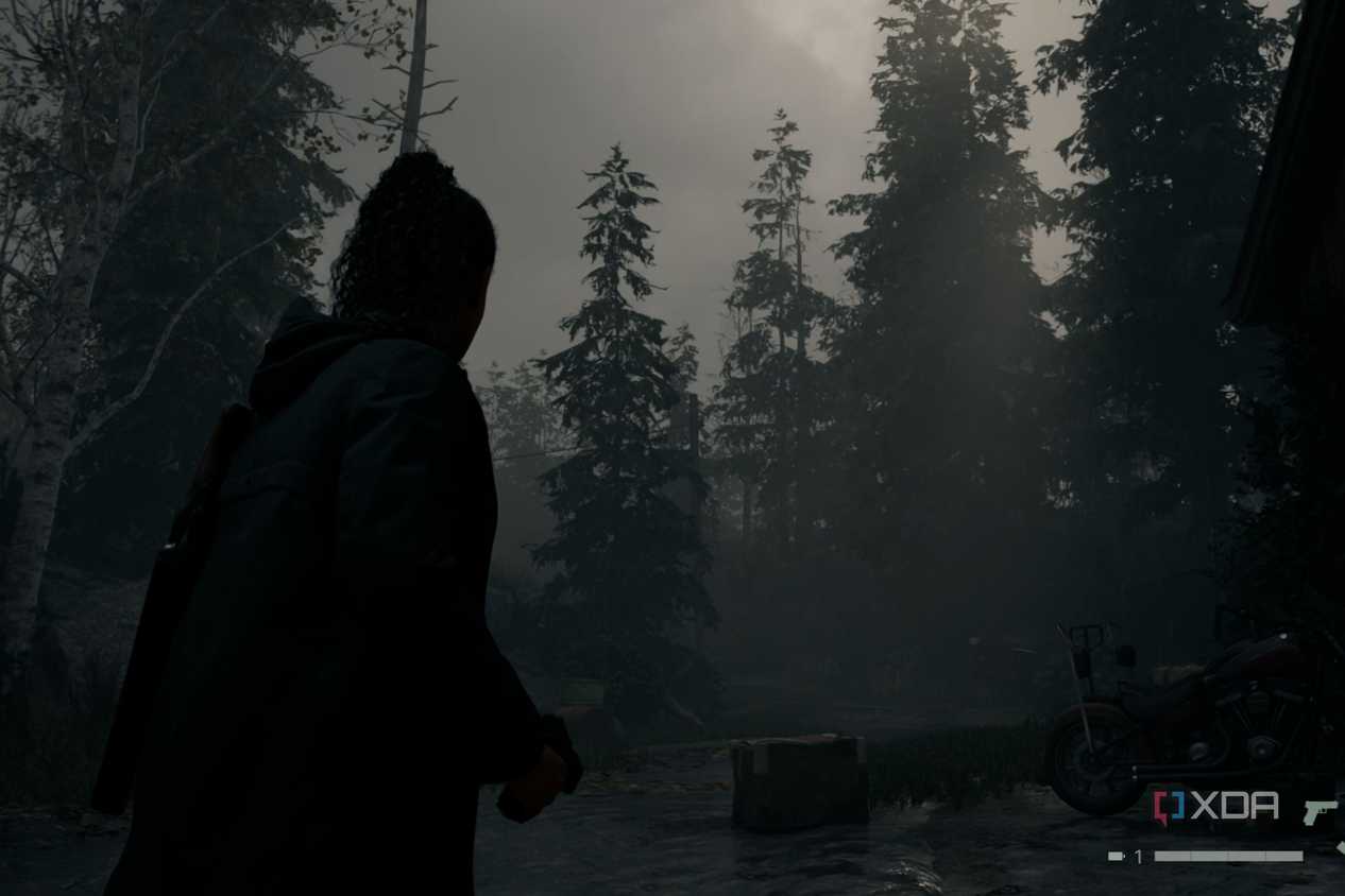 A screenshot from Alan Wake 2 showing a scene without volumetic fog and lighting.
