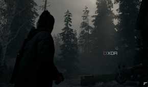 A screenshot from Alan Wake 2 showing a scene without volumetic fog and lighting.