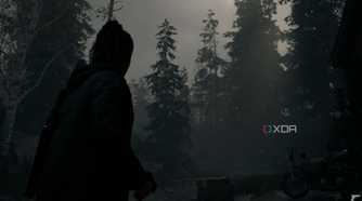 A screenshot from Alan Wake 2 showing a scene without volumetic fog and lighting.