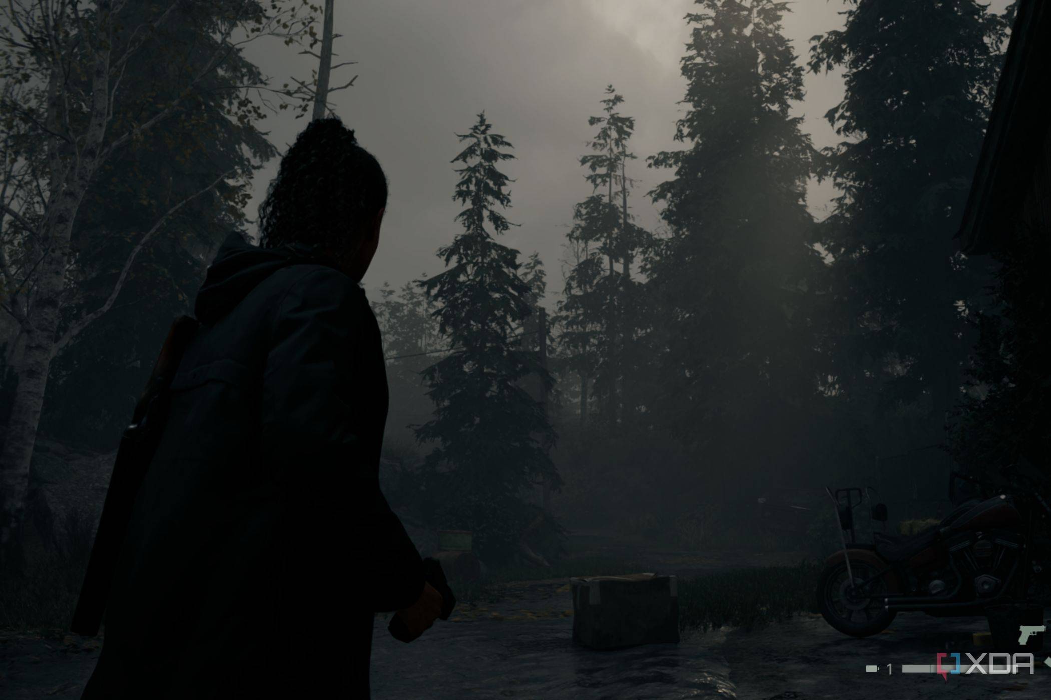 A screenshot from Alan Wake 2 showing a scene without volumetic fog and lighting.