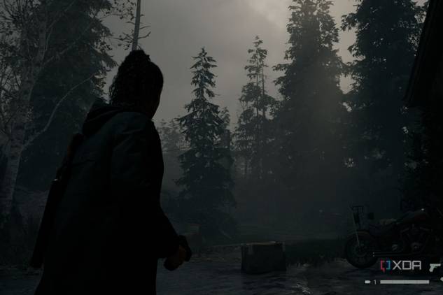 A screenshot from Alan Wake 2 showing a scene without volumetic fog and lighting.
