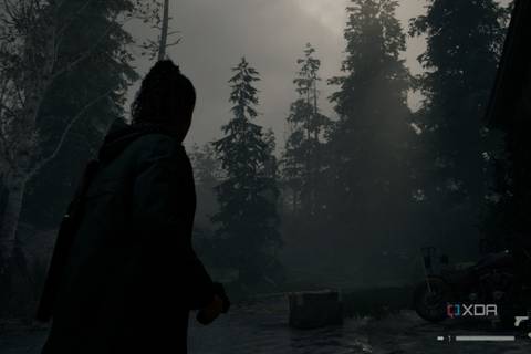 A screenshot from Alan Wake 2 showing a scene without volumetic fog and lighting.