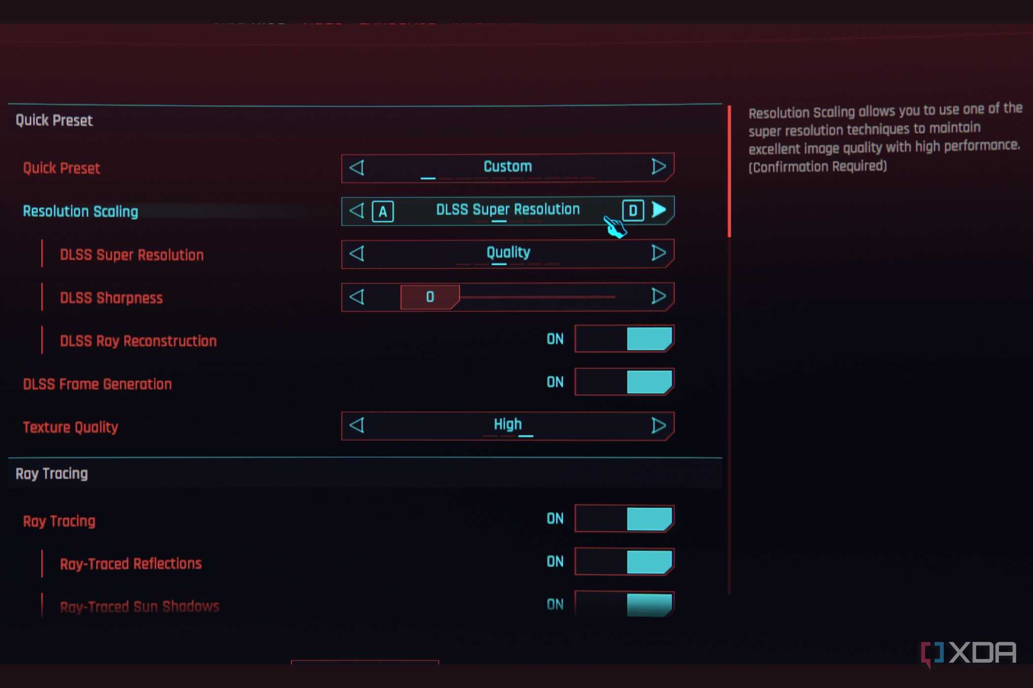 A screenshot showing the DLSS option in Cyberpunk settings.
