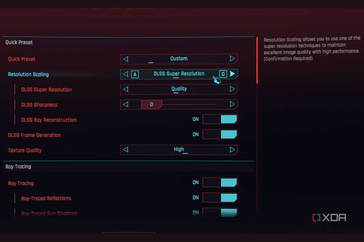 A screenshot showing the DLSS option in Cyberpunk settings.