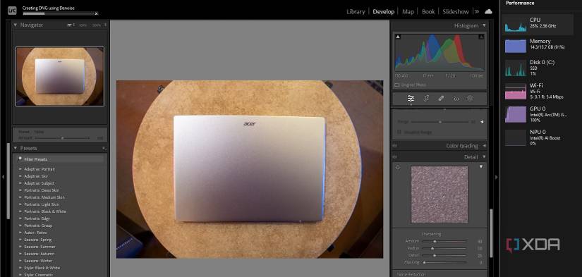 Acer Swift Go Lightroom Denoise running on GPU