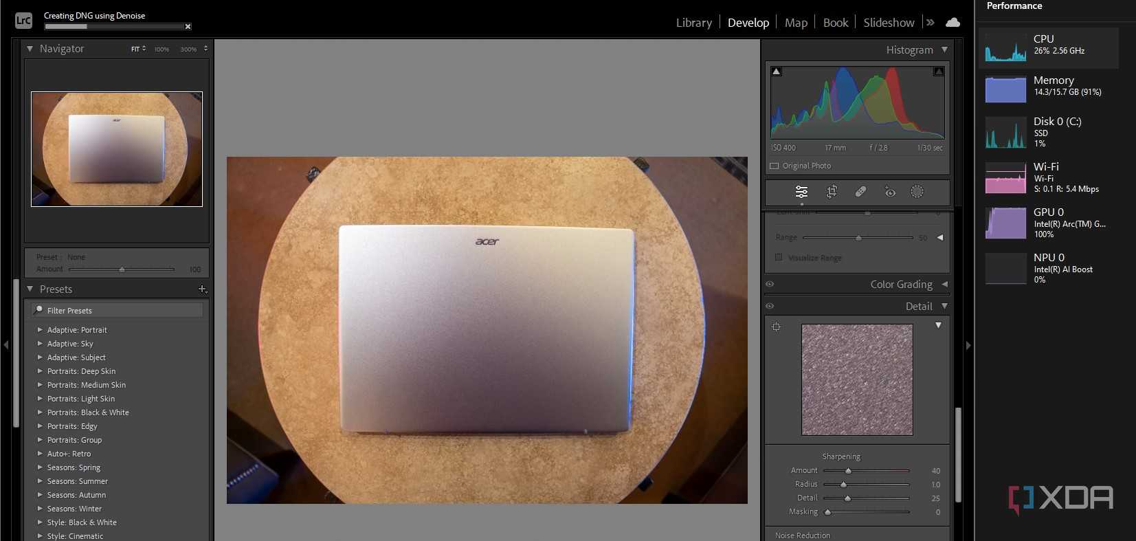Acer Swift Go Lightroom Denoise running on GPU